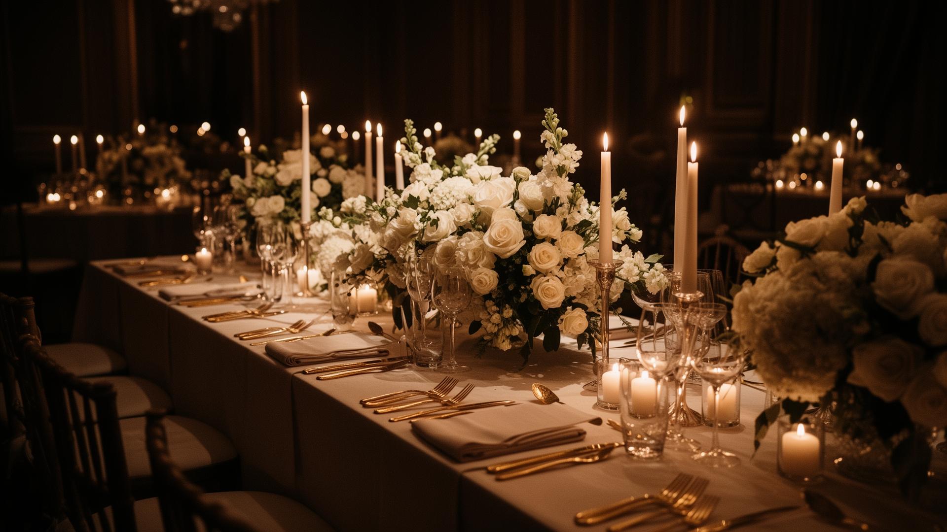 Candlelit luxury wedding reception with ivory florals